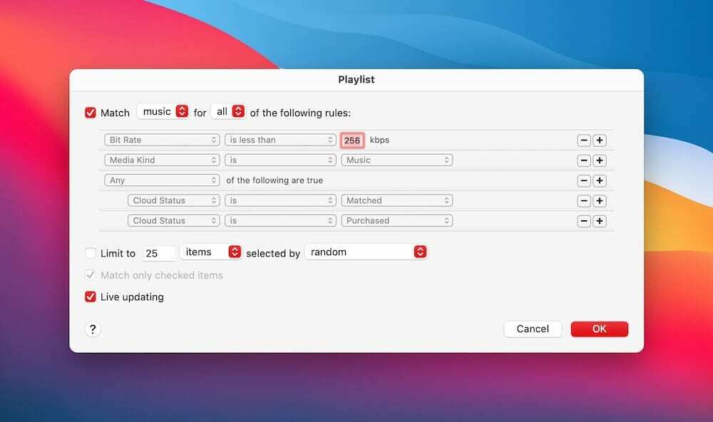 Regole di corrispondenza di iTunes per playlist intelligenti