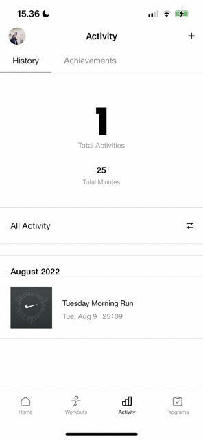 Képernyőkép, amely a Nike Training Clubban végzett edzéseket mutatja