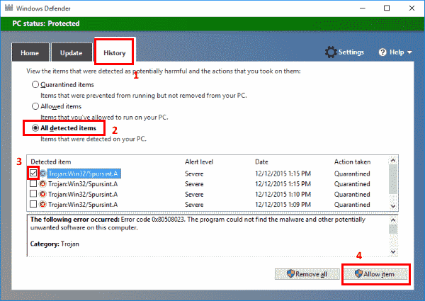 Eccezione di Windows Defender