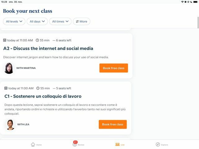 captura de pantalla que muestra las clases en vivo de babbel