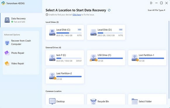 Tenorshare 4DDiG - Sélectionnez un emplacement pour démarrer la récupération de données