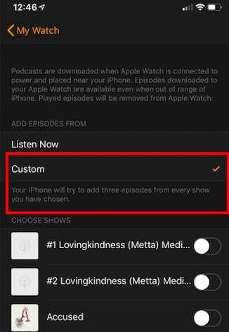 Управление хранилищем Apple Watch через настройки приложения Podcast