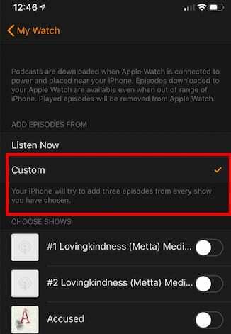 Tvarkykite „Apple Watch Storage“ naudodami „Podcast“ programos nustatymus