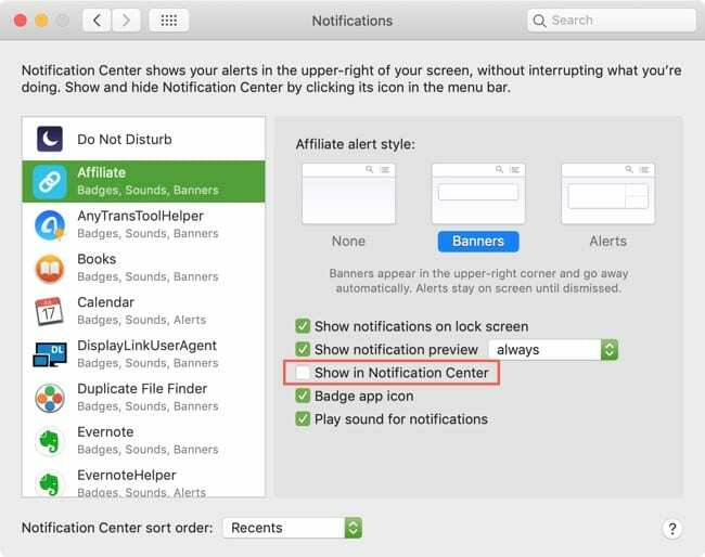 Décochez Afficher dans le centre de notifications Mac