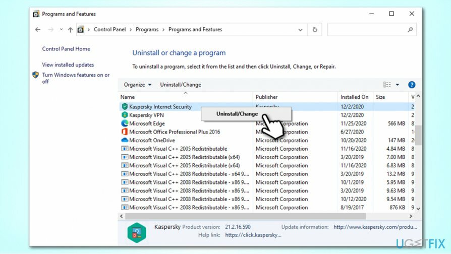 ถอนการติดตั้ง Kaspersky ผ่านแผงควบคุม