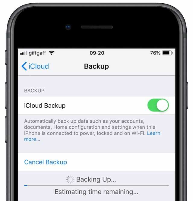 Backup iPhone che stima il tempo rimanente