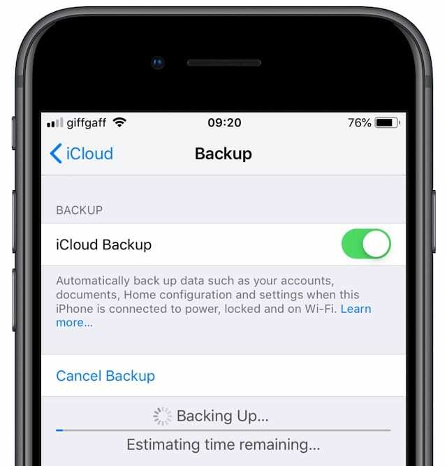 iPhone face backup pentru estimarea timpului rămas