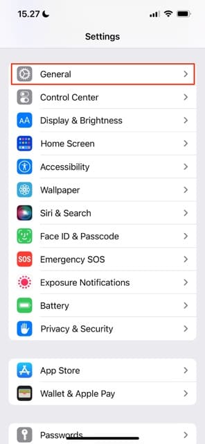 Indstillinger App og fanen Generelt på iOS