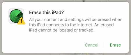 Vuoi cancellare questo iPad? Finestra pop-up.