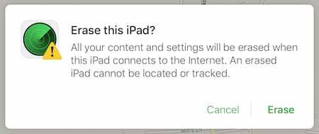 Ștergeți acest iPad? Fereastra pop-up.