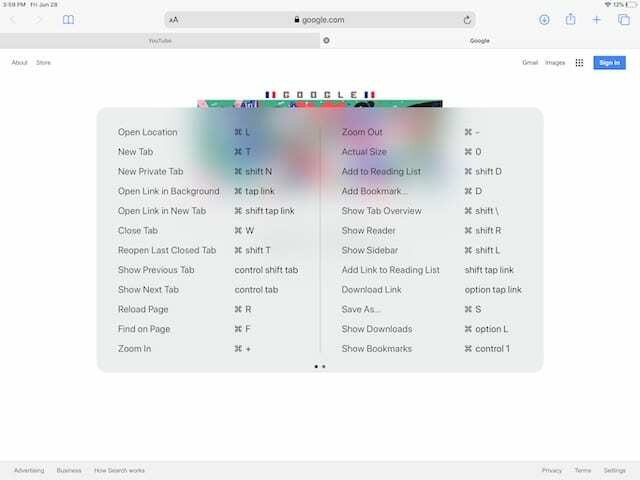 Safari iPadOS - Συντομεύσεις πληκτρολογίου