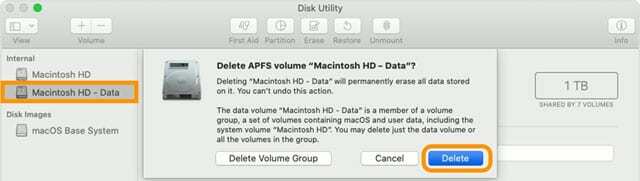 supprimer un disque de démarrage de volume mac dans macOS Catalina et versions ultérieures