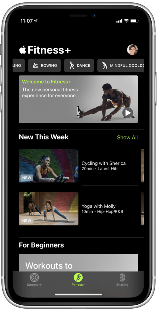 Pantalla de inicio de Apple Fitness Plus