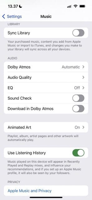 სკრინშოტი აჩვენებს, თუ როგორ უნდა შეცვალოთ ჩამოტვირთვის ხარისხი iOS-ზე Apple Music-ისთვის