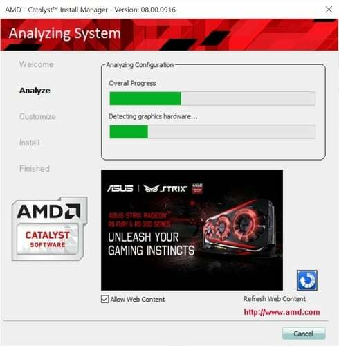 AMD उत्प्रेरक के साथ सिस्टम का विश्लेषण करें प्रबंधक स्थापित करें