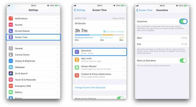 Három iPhone képernyőkép, amelyek bemutatják, hogyan lehet navigálni az állásidő képernyőidő beállításaihoz