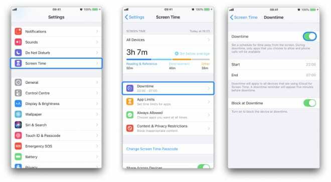 სამი iPhone ეკრანის სურათი, სადაც ნაჩვენებია, თუ როგორ უნდა გადახვიდეთ Downtime Screen Time პარამეტრებზე