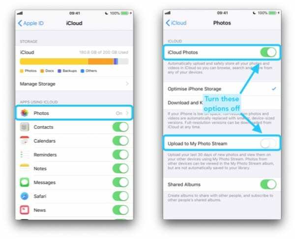 Два снимка екрана за иПхоне који показују како да искључите иЦлоуд Пхото и Пхото Стреам