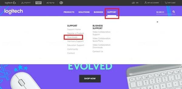 Wählen Sie den Support-Bereich und klicken Sie auf Downloads