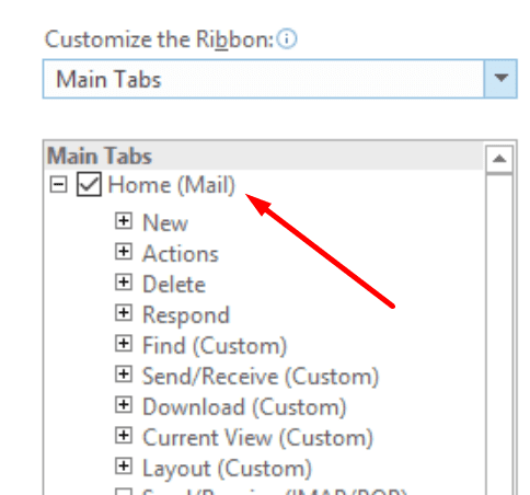 Outlook personalizza le impostazioni della posta domestica della barra multifunzione