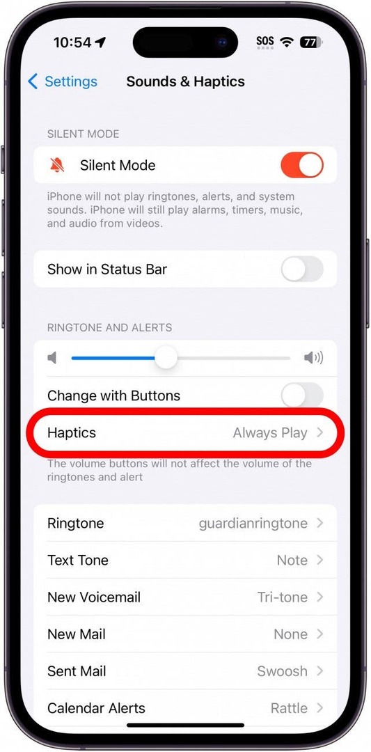 iPhone-geluiden en haptiekinstellingen met haptiek rood omcirkeld