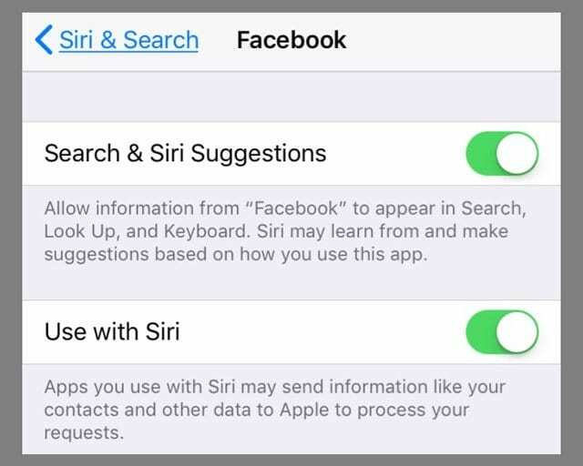 Параметры Siri для Facebook iOS 11