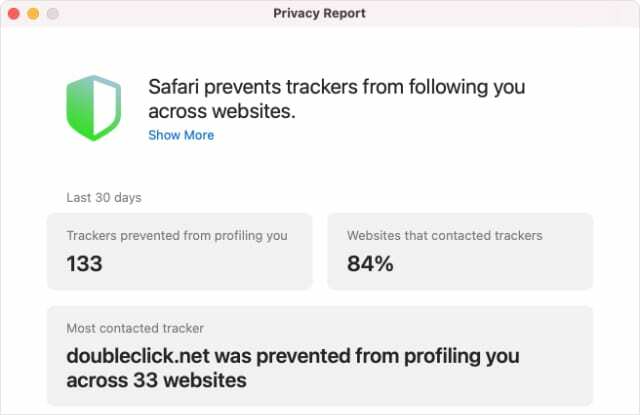 Privatlivsrapport fra Safari i macOS Big Sur
