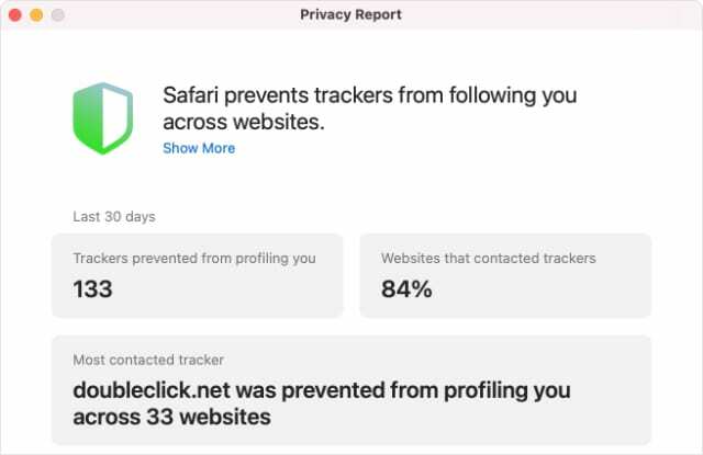 รายงานความเป็นส่วนตัวจาก Safari ใน macOS Big Sur