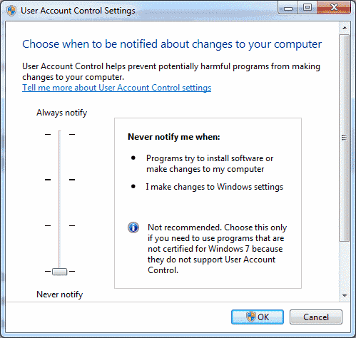 Setări Win7 User Account Control