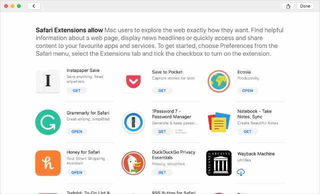 Mac App Store, ki prikazuje seznam razširitev Safari