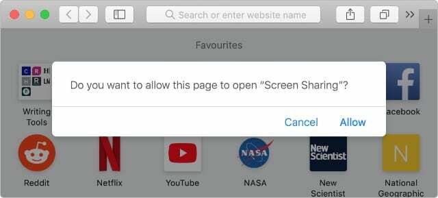 Спливаюче вікно «Спільний доступ до екрана» у вікні Safari