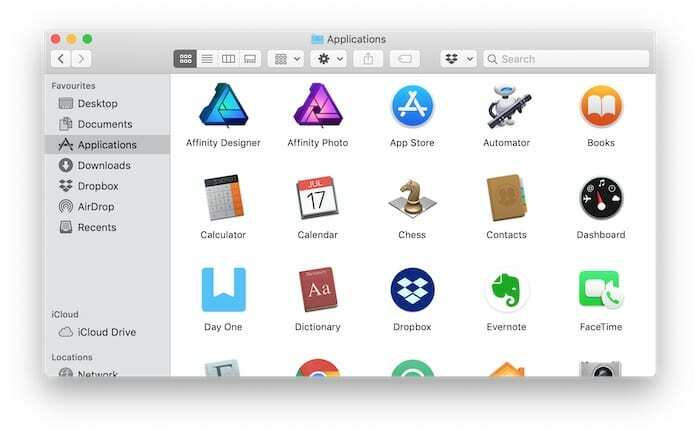 สกรีนช็อตของโฟลเดอร์แอพพลิเคชั่นใน Finder