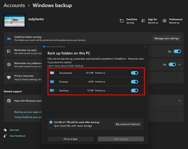 Opção de backup do Windows