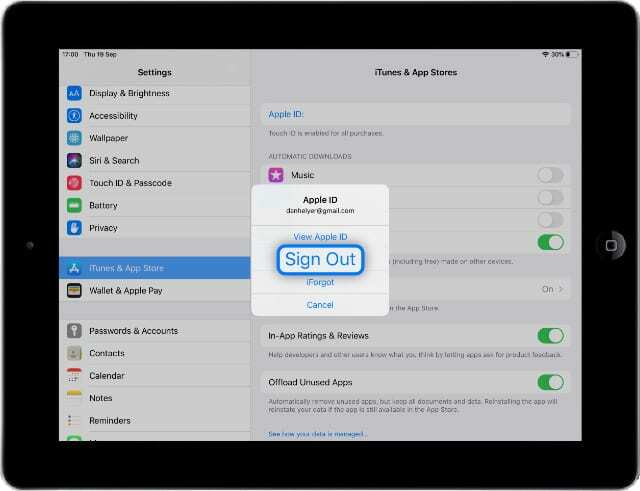 Izrakstieties no App Store iPad vai iPhone iestatījumos