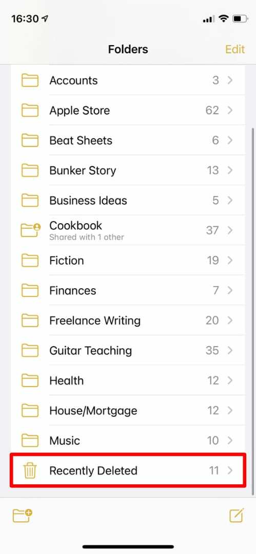 Folder yang Baru Dihapus di halaman Folder Apple Notes