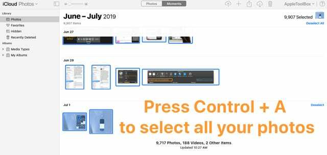 iCloud.com vyberie všetky fotografie pomocou ovládacieho prvku + A na počítači so systémom Windows