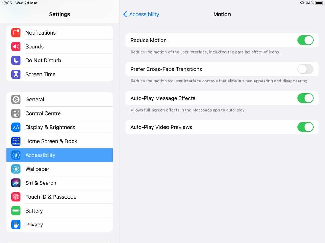 iPad ayarlarında Hareketi Azalt seçeneği.