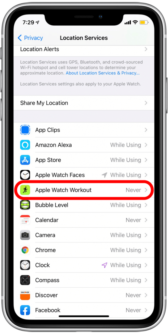Rull ned og trykk på Apple Watch Workouts. 
