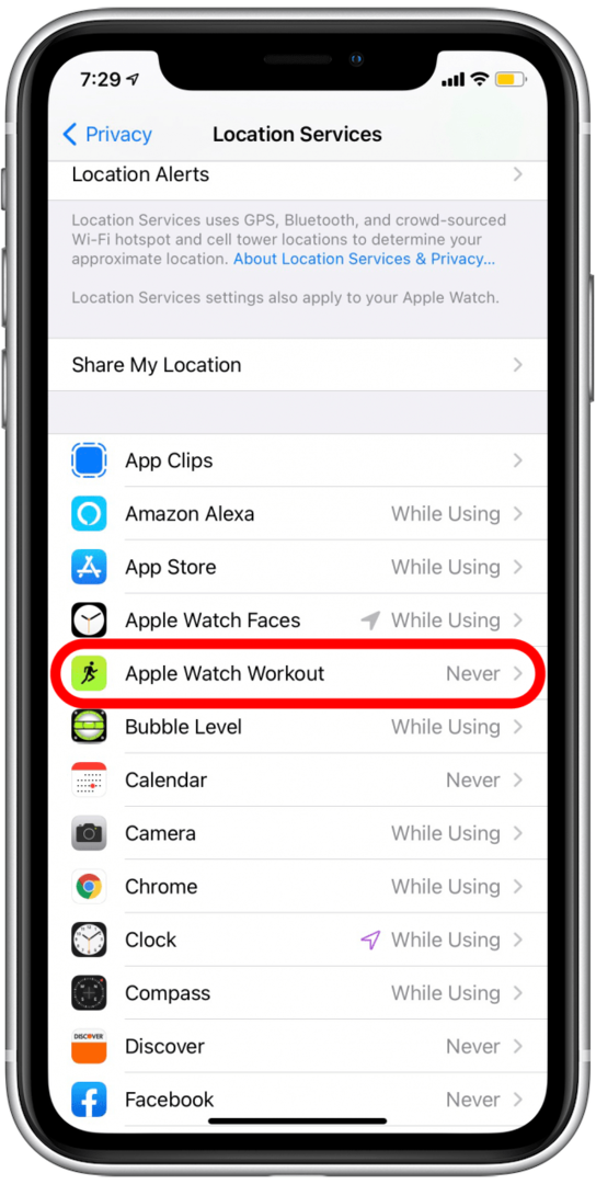 下にスクロールして、Apple WatchWorkoutsをタップします。 