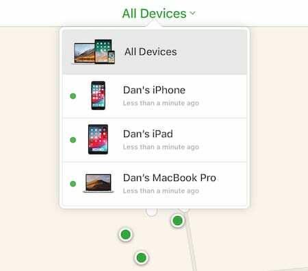 Okno Všetky zariadenia v aplikácii Nájsť môj iPhone.