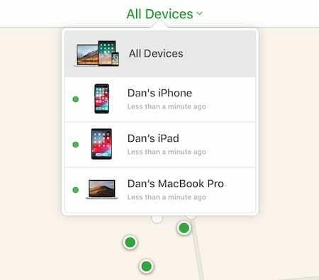 نافذة جميع الأجهزة في Find My iPhone.