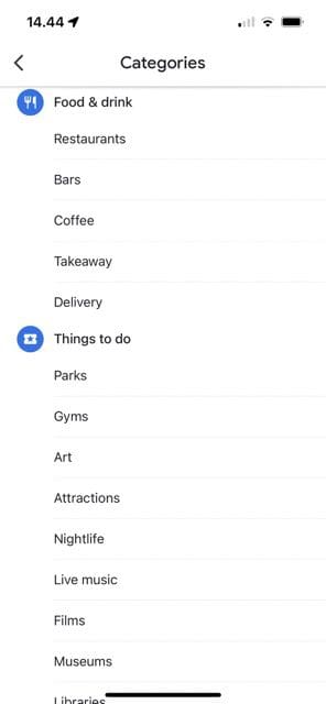 Capture d'écran montrant une liste étendue sur les catégories Google Maps