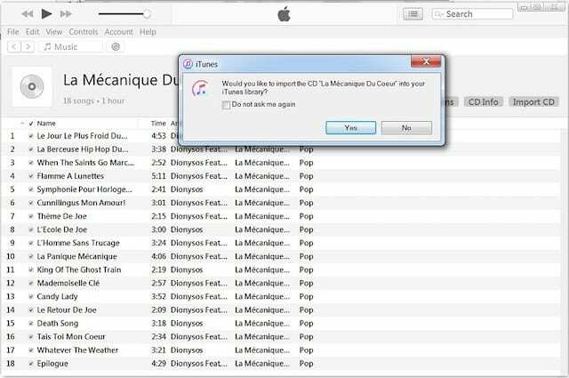 Прозорец за импортиране на CD в iTunes