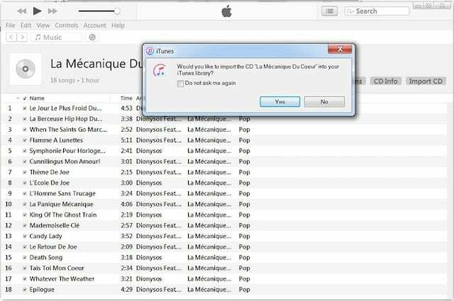 Finestra di importazione del CD su iTunes