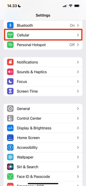 A Mobil rész az iOS beállításokban