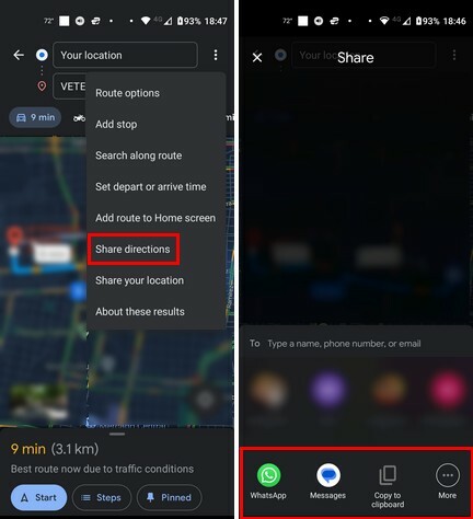 Teilen Sie in Google Maps gespeicherte Routen in Android