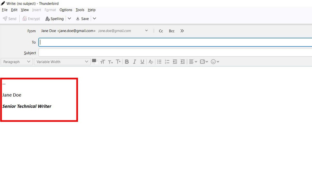 Et eksempel på en signatur i Thunderbird