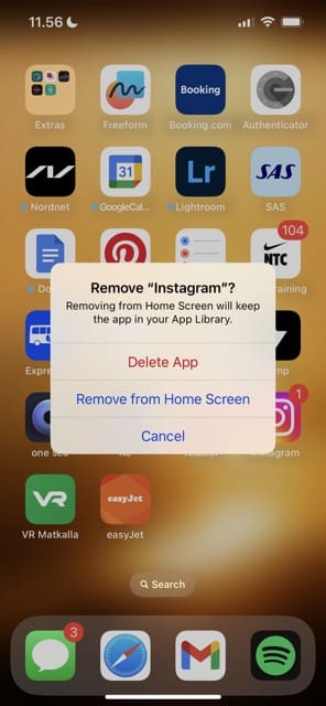 Екранна снимка на iOS за потвърждаване на премахването на приложението
