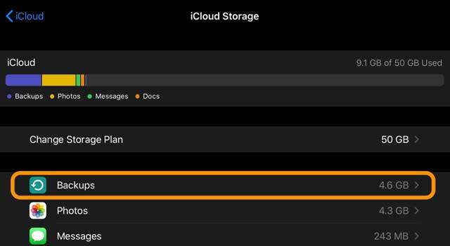 cadangan di penyimpanan iCloud