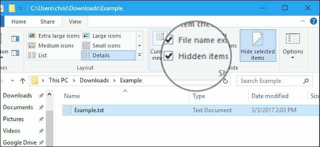 Caixa de seleção de itens ocultos no File Explorer.
